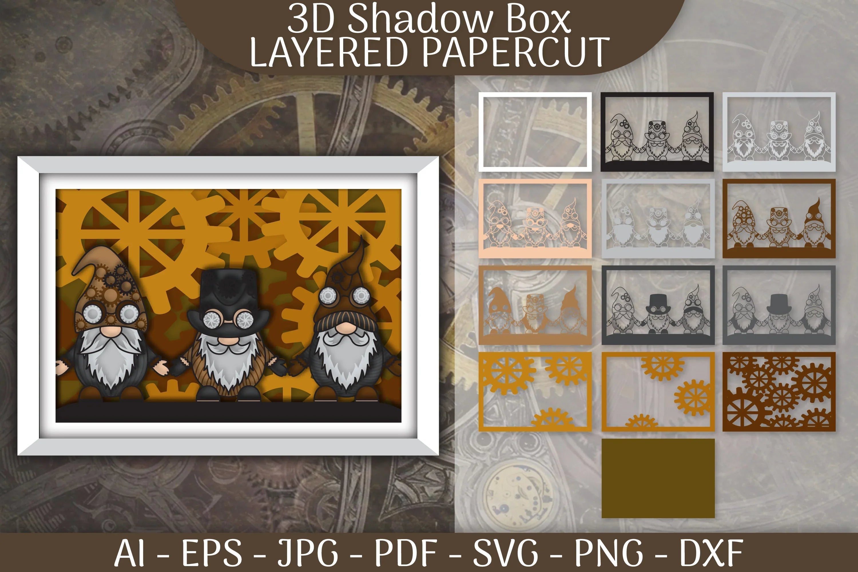 Gnome Steampunk 3D Shadowbox Layered Papercut SVG Bundle - CraftNest - Digital Crafting and Art