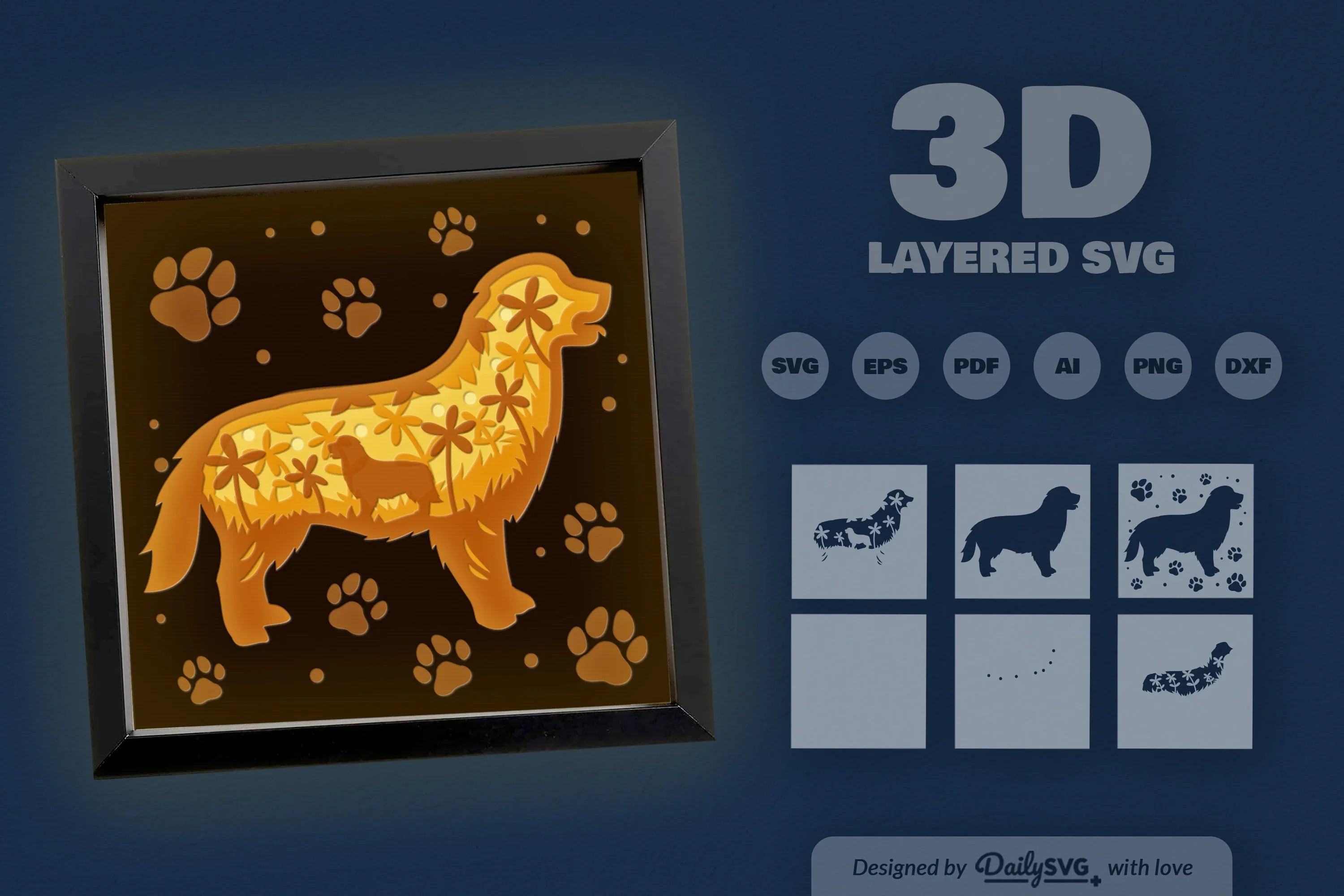 Golden Retriever Floral Silhouette Papercut SVG Bundle - CraftNest - Digital Crafting and Art