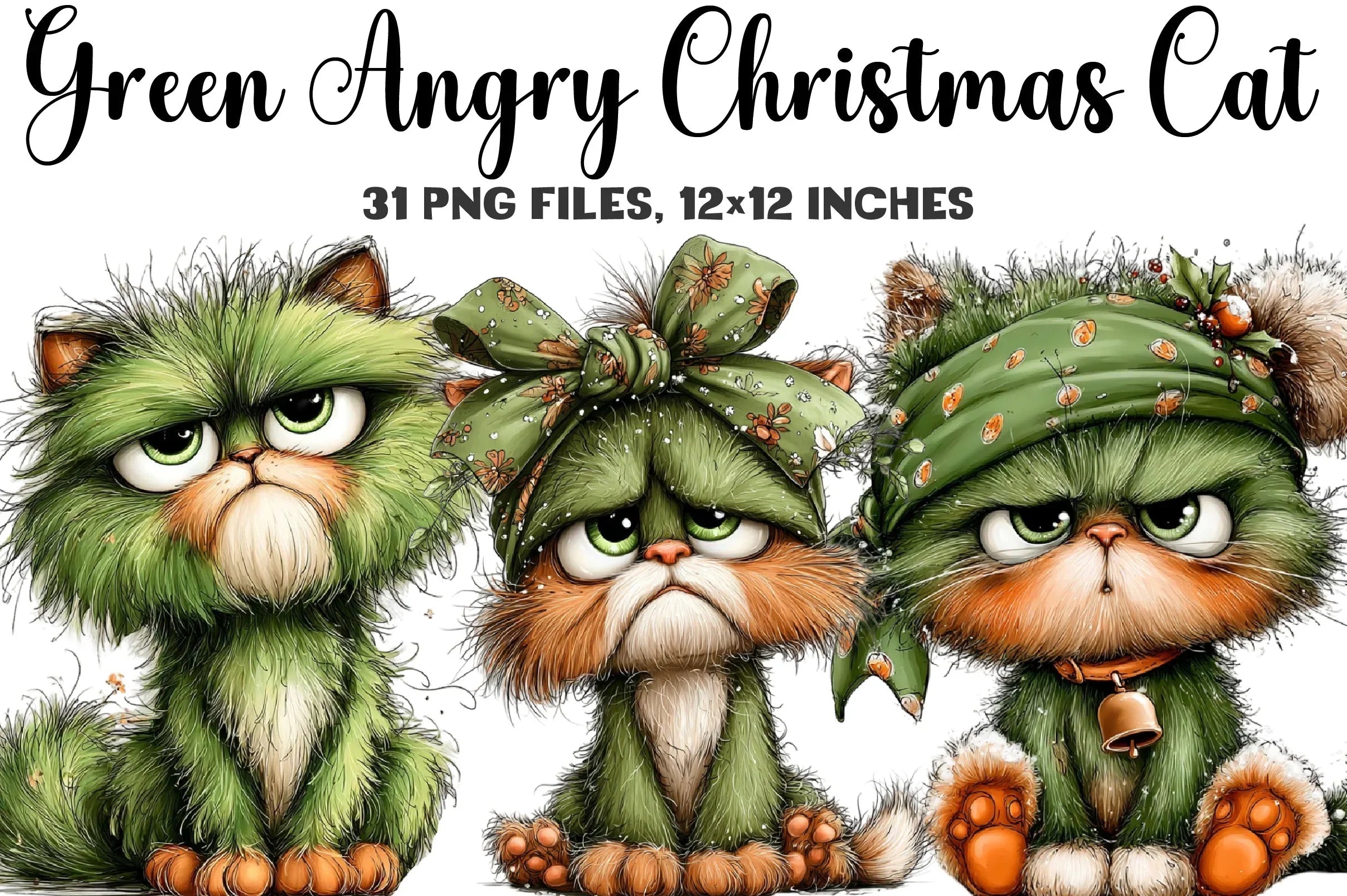 Green Angry Christmas Cat Clipart Bundle - CraftNest - Digital Crafting and Art