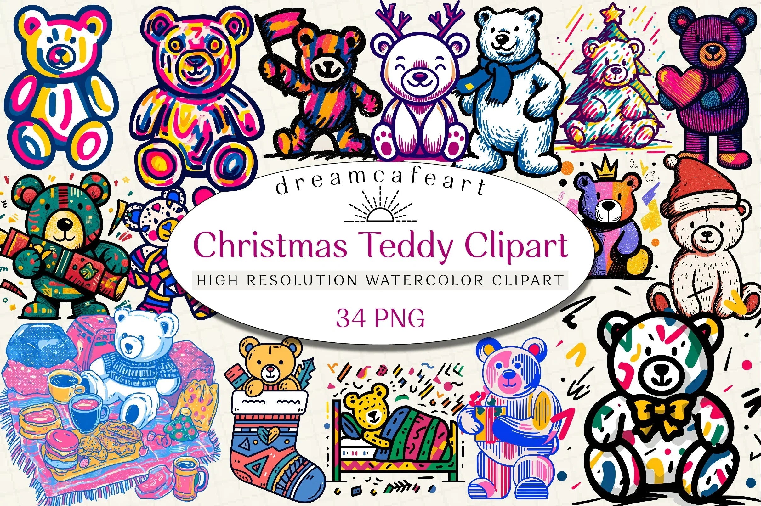 Groovy Retro Christmas Teddy Clipart Bundle - CraftNest - Digital Crafting and Art