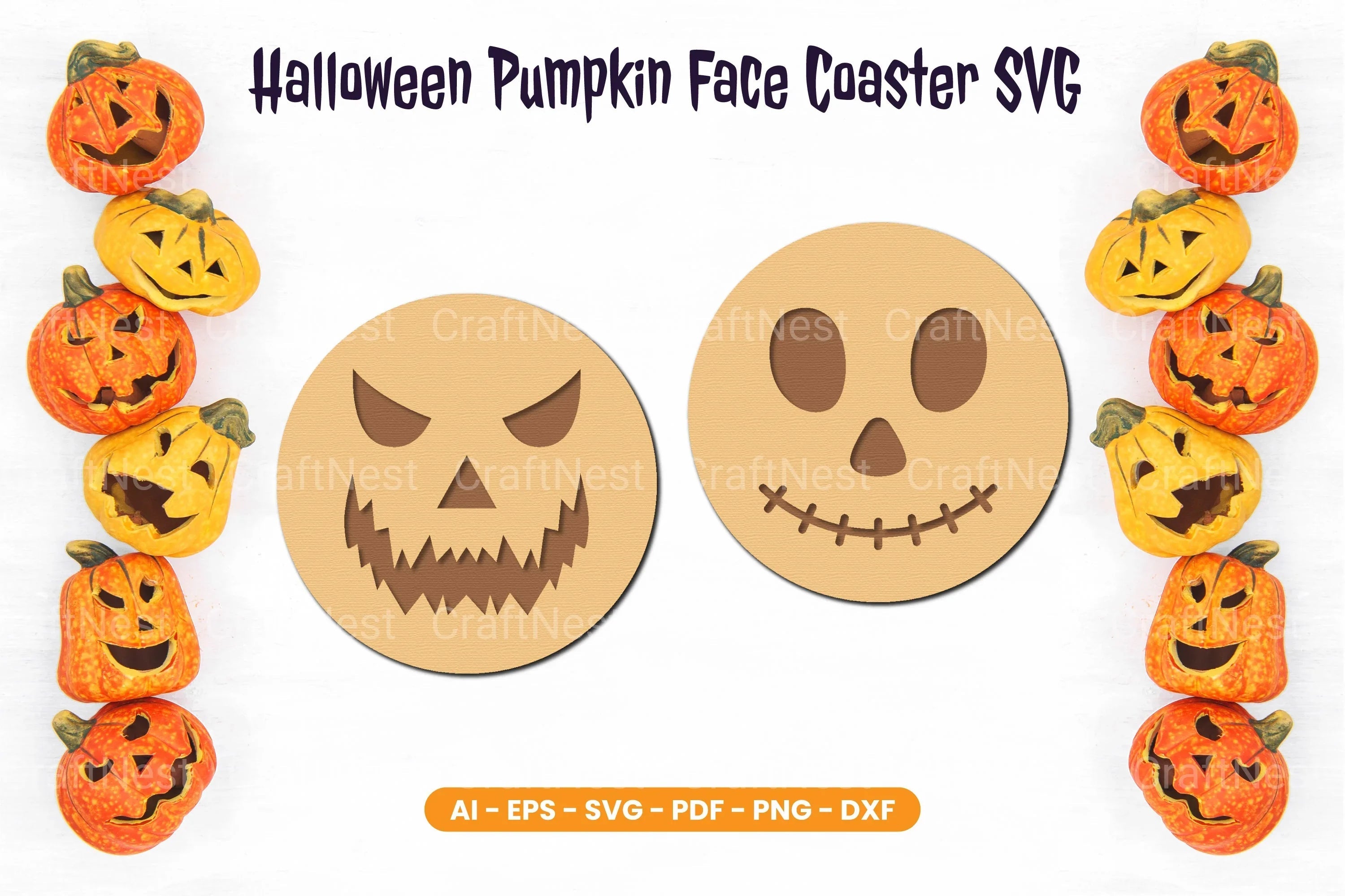 Halloween Pumpkin Face Coaster SVG Bundle - CraftNest - Digital Crafting and Art