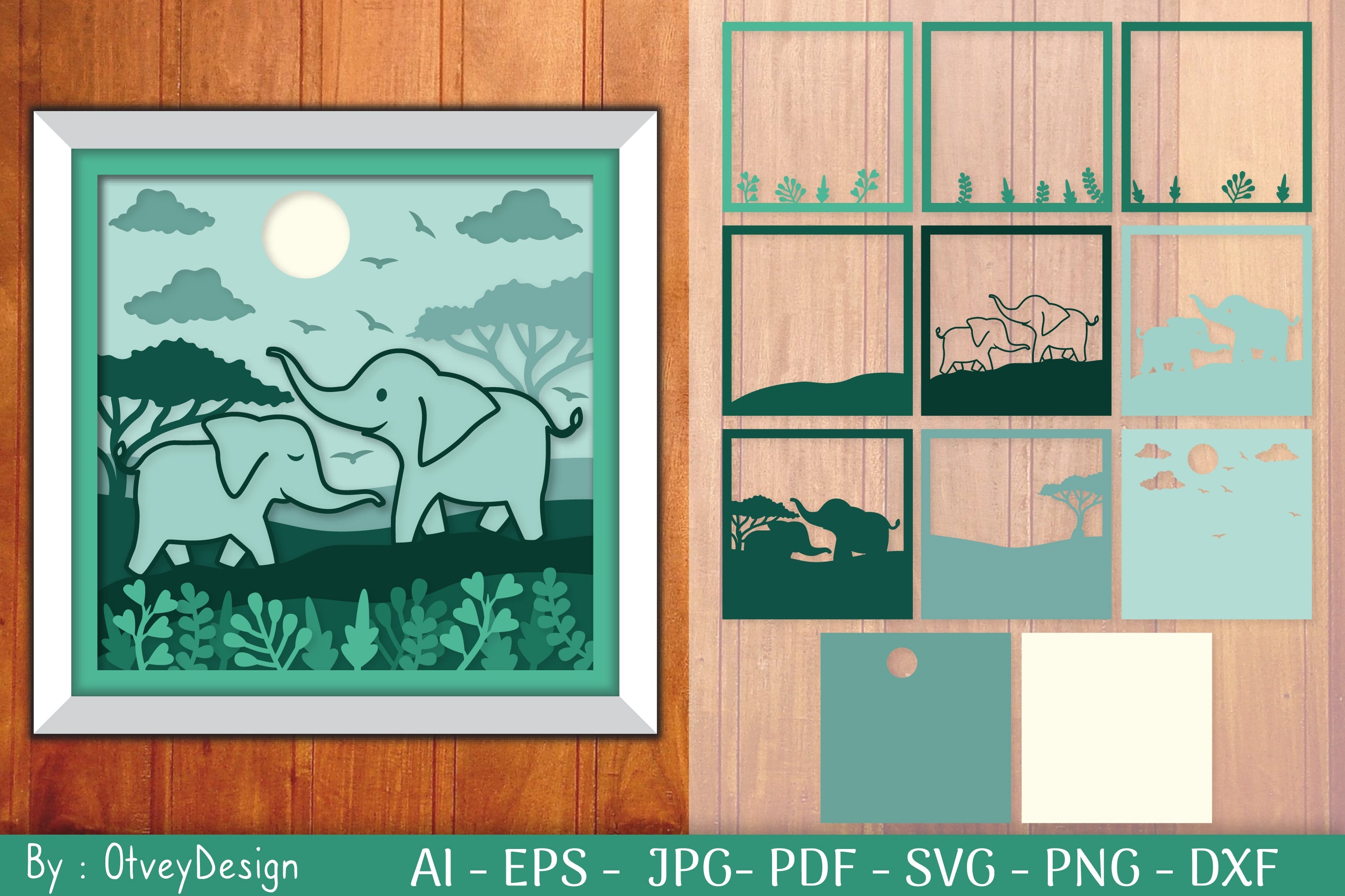 Mother and Baby Elephant Shadow Box Layered Papercut SVG Bundle