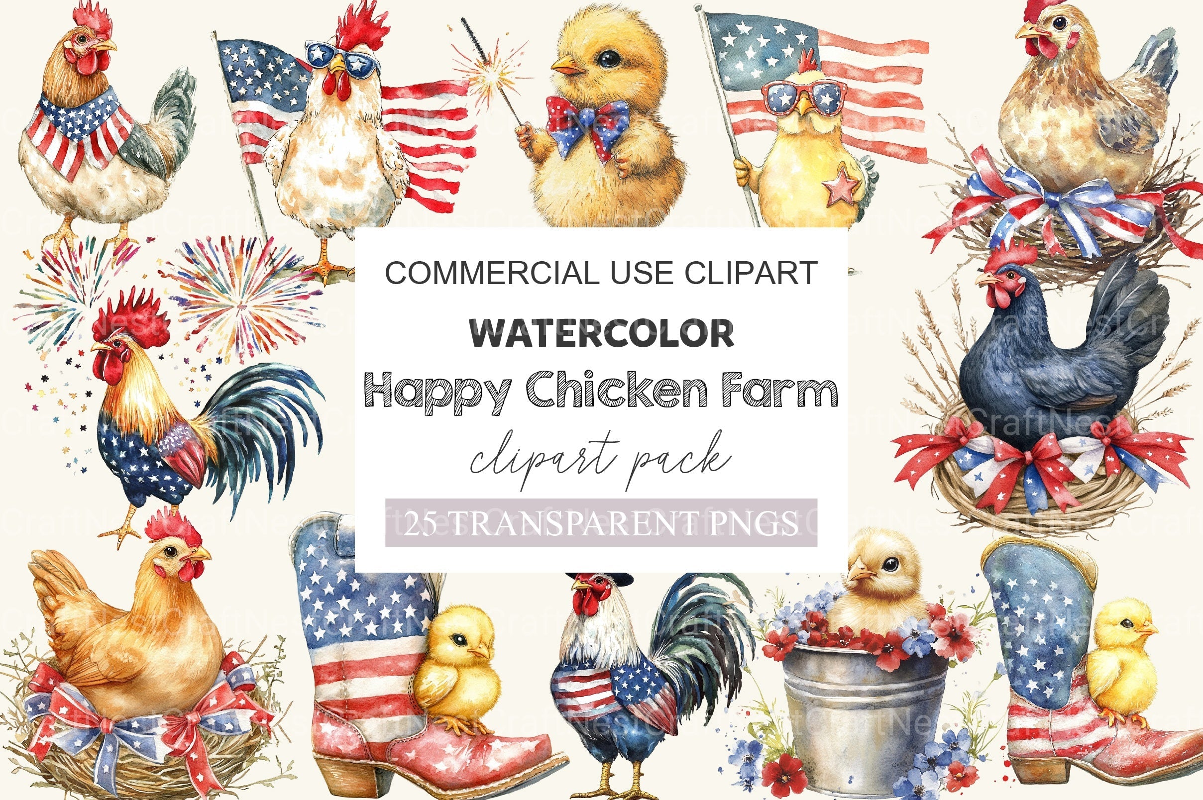 Happy Chicken Farm 4th Of July Clipart Bundle