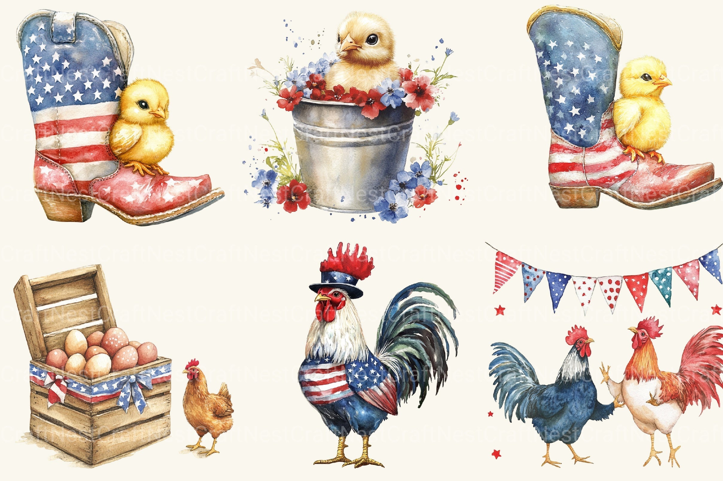 Happy Chicken Farm 4th Of July Clipart Bundle