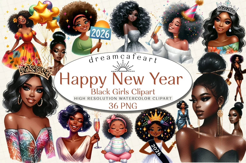Happy New Year Black Girls Clipart Bundle - CraftNest - Digital Crafting and Art