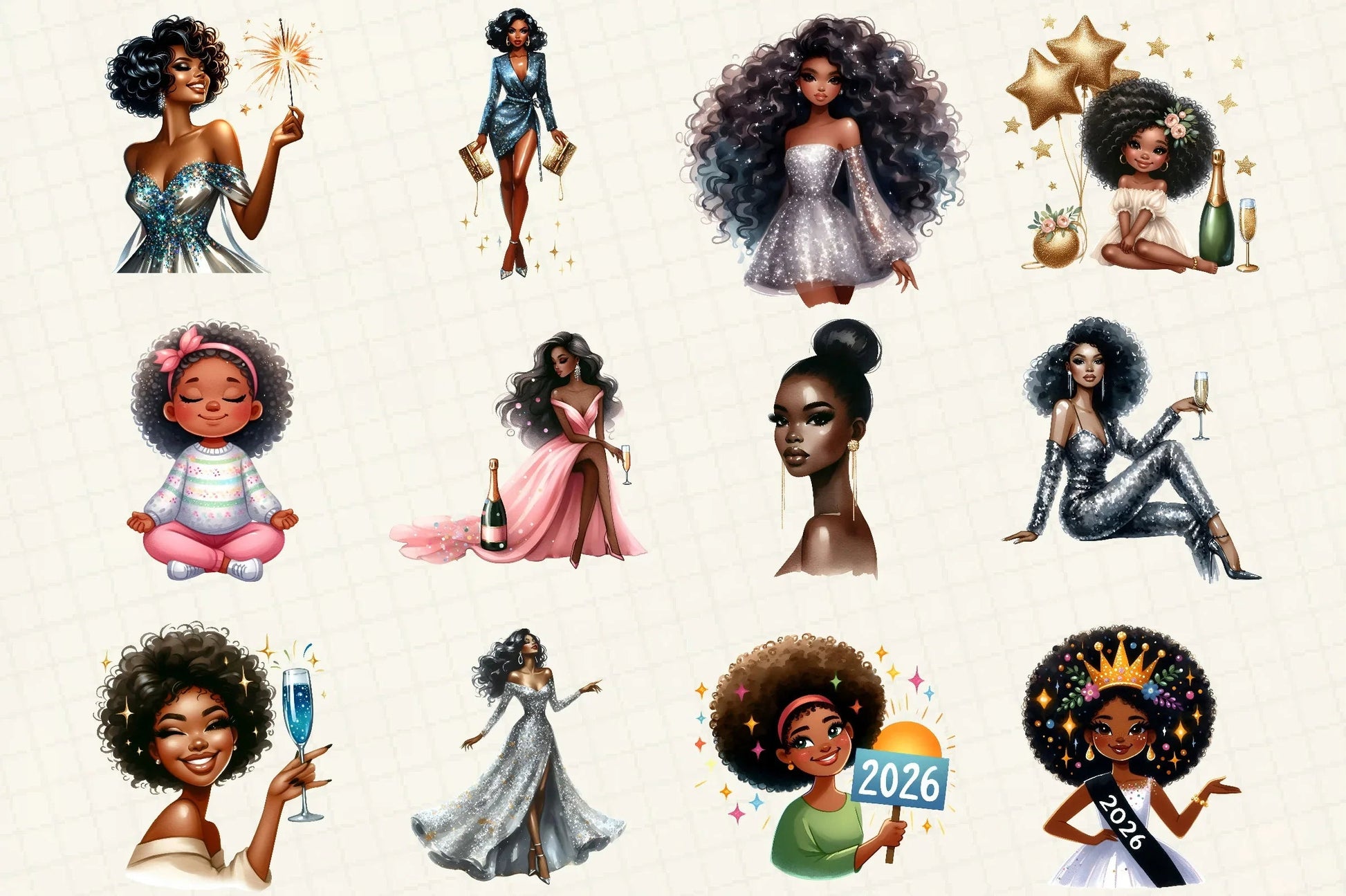 Happy New Year Black Girls Clipart Bundle - CraftNest - Digital Crafting and Art