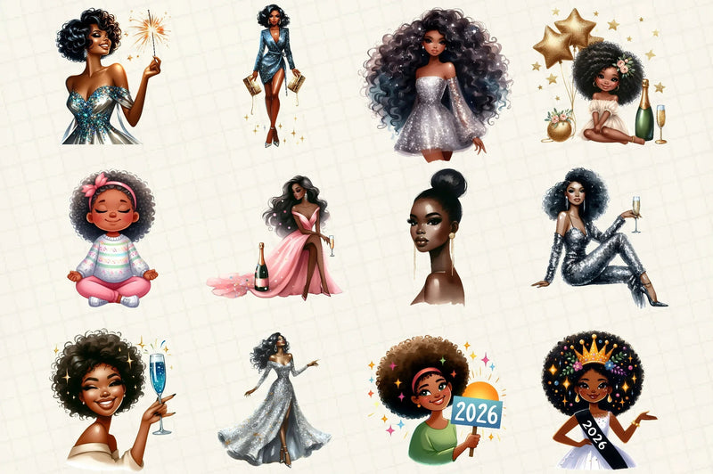 Happy New Year Black Girls Clipart Bundle - CraftNest - Digital Crafting and Art
