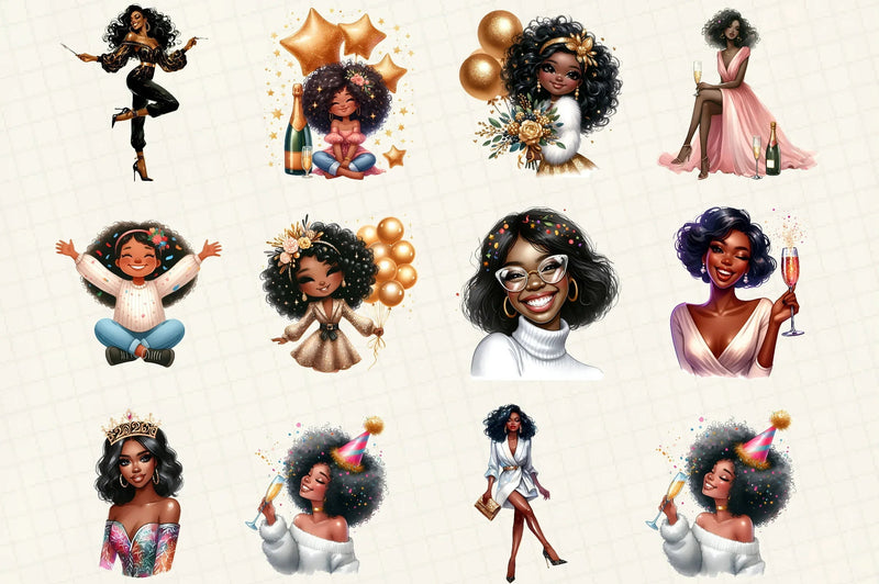 Happy New Year Black Girls Clipart Bundle - CraftNest - Digital Crafting and Art