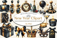 Happy New Year Gold & Black Clipart Bundle - CraftNest - Digital Crafting and Art