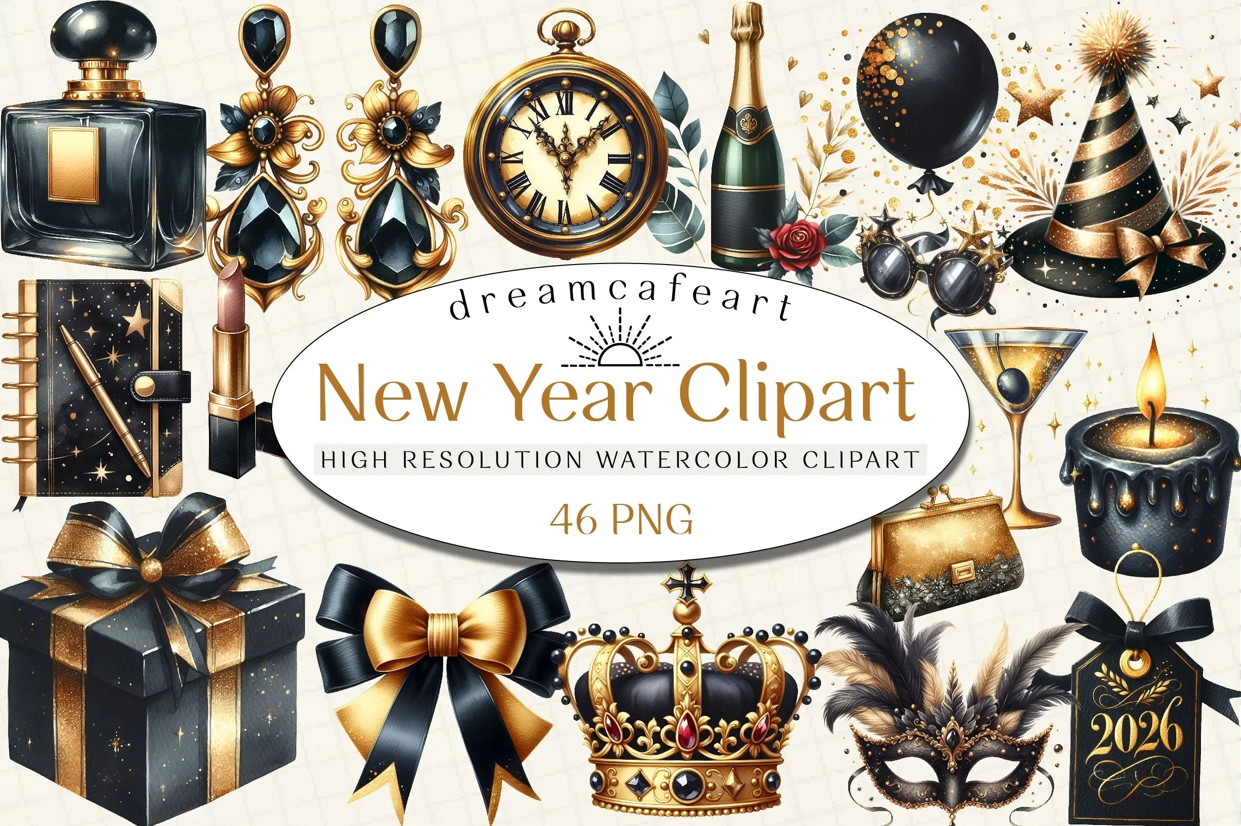 Happy New Year Gold & Black Clipart Bundle - CraftNest - Digital Crafting and Art
