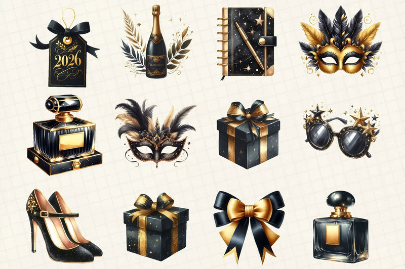 Happy New Year Gold & Black Clipart Bundle - CraftNest - Digital Crafting and Art