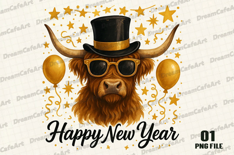 Happy New Year Highland Cow Clipart Bundle - CraftNest - Digital Crafting and Art