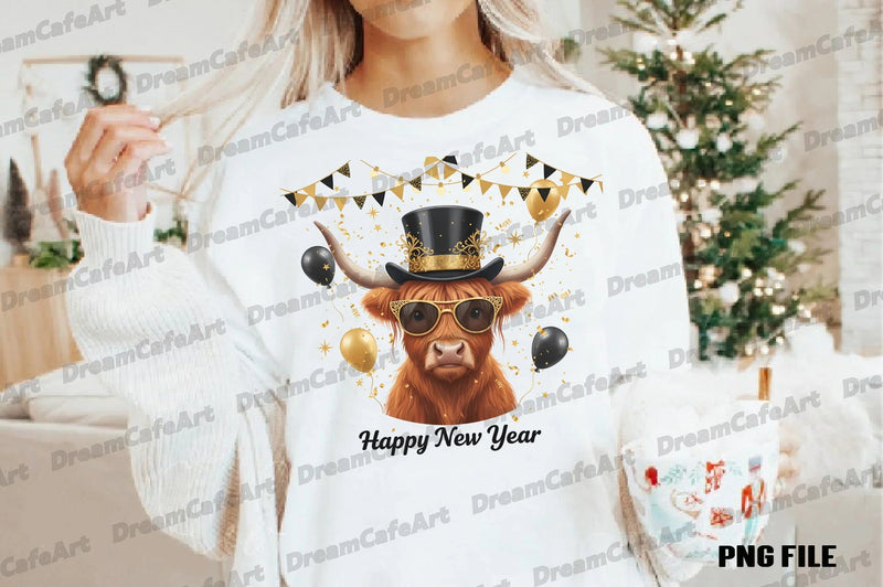 Happy New Year Highland Cow Clipart Bundle - CraftNest - Digital Crafting and Art