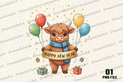 Happy New Year Highland Cow Clipart Bundle - CraftNest - Digital Crafting and Art