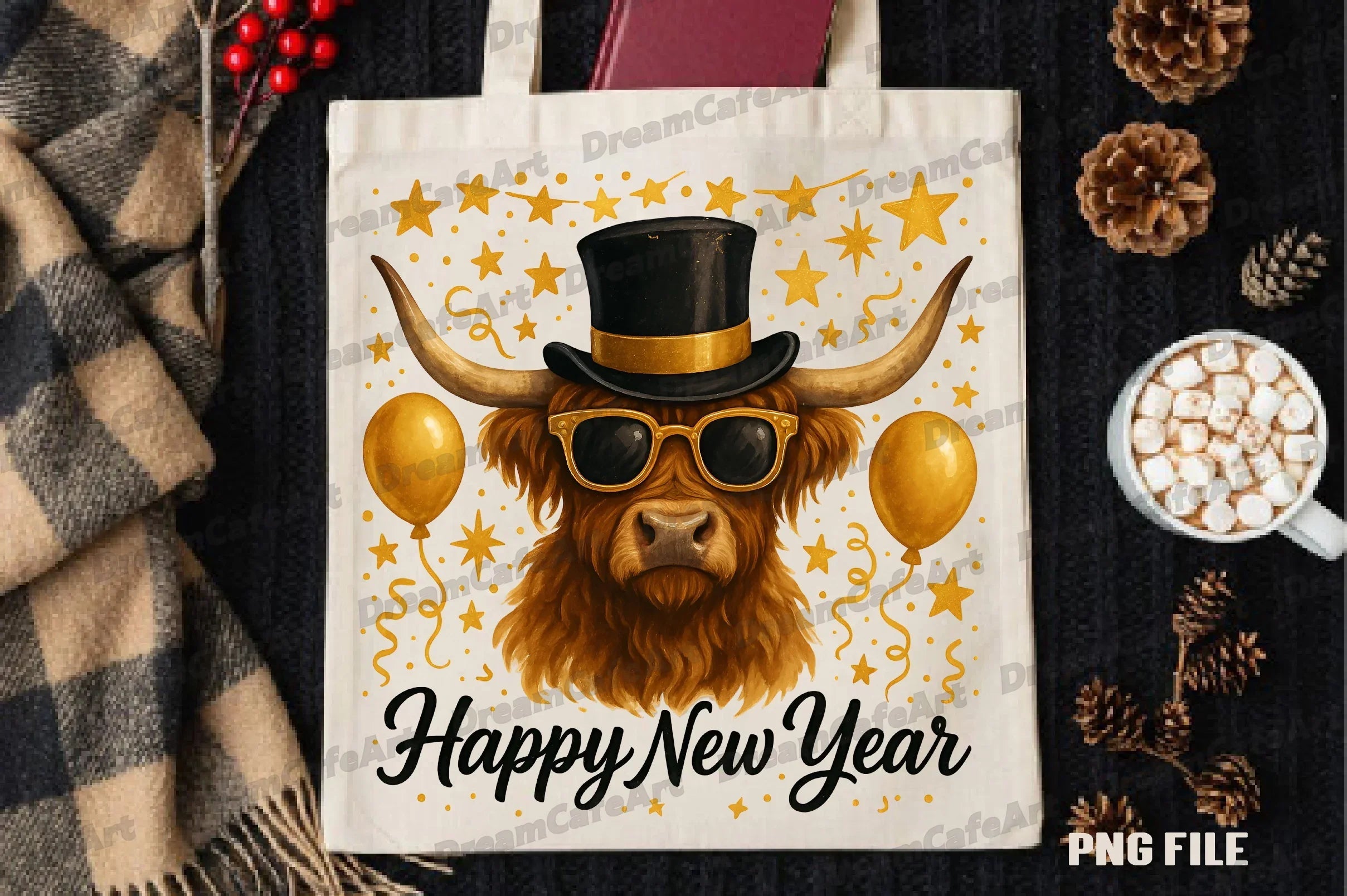 Happy New Year Highland Cow Clipart Bundle - CraftNest - Digital Crafting and Art