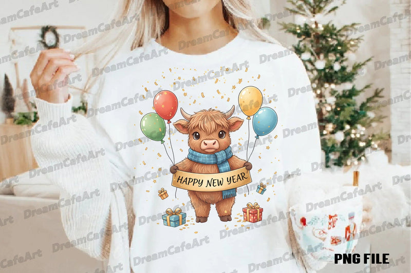 Happy New Year Highland Cow Clipart Bundle - CraftNest - Digital Crafting and Art