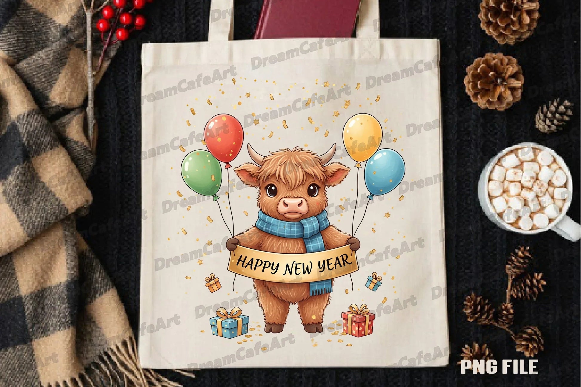 Happy New Year Highland Cow Clipart Bundle - CraftNest - Digital Crafting and Art