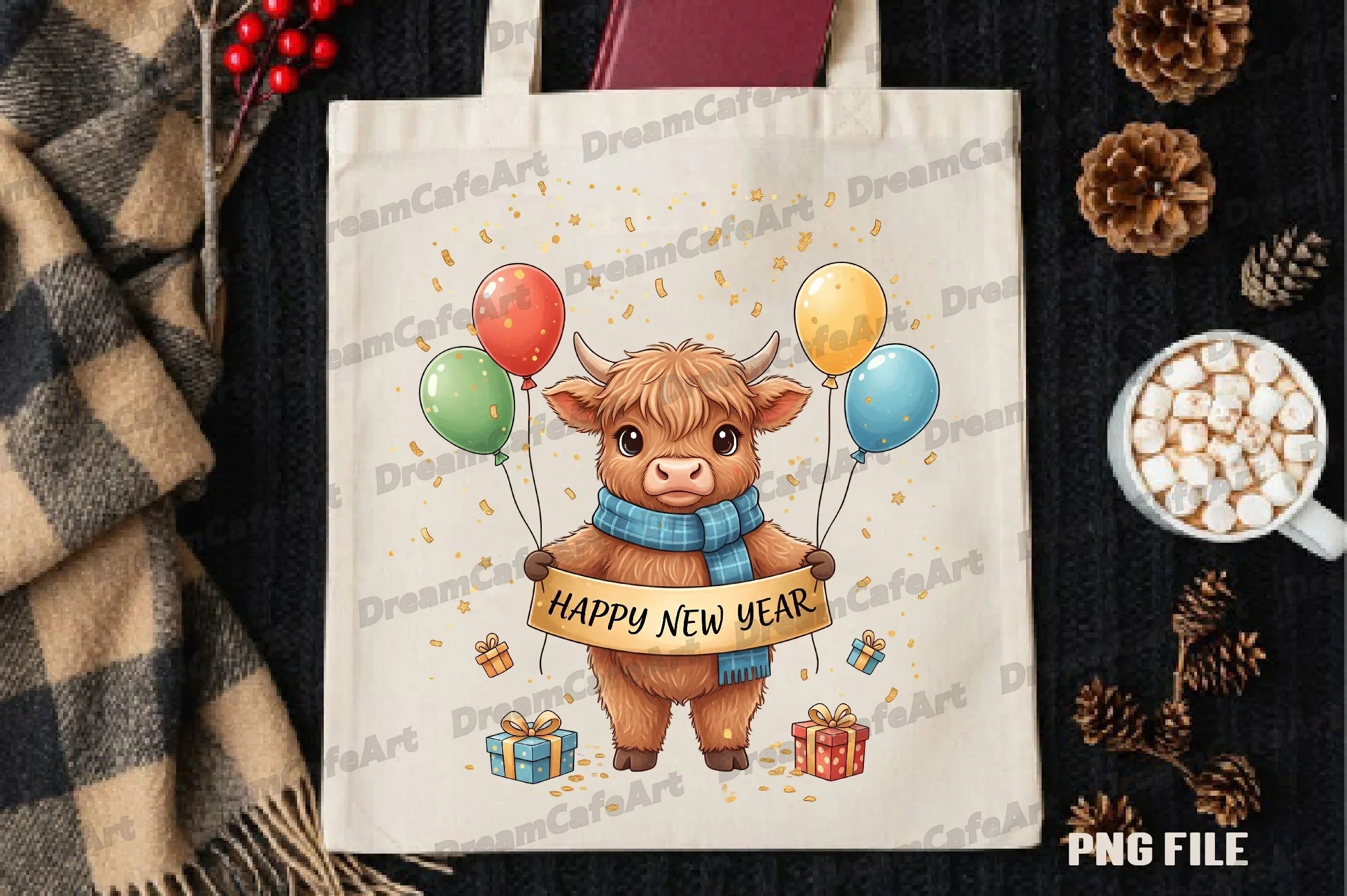 Happy New Year Highland Cow Clipart Bundle - CraftNest - Digital Crafting and Art