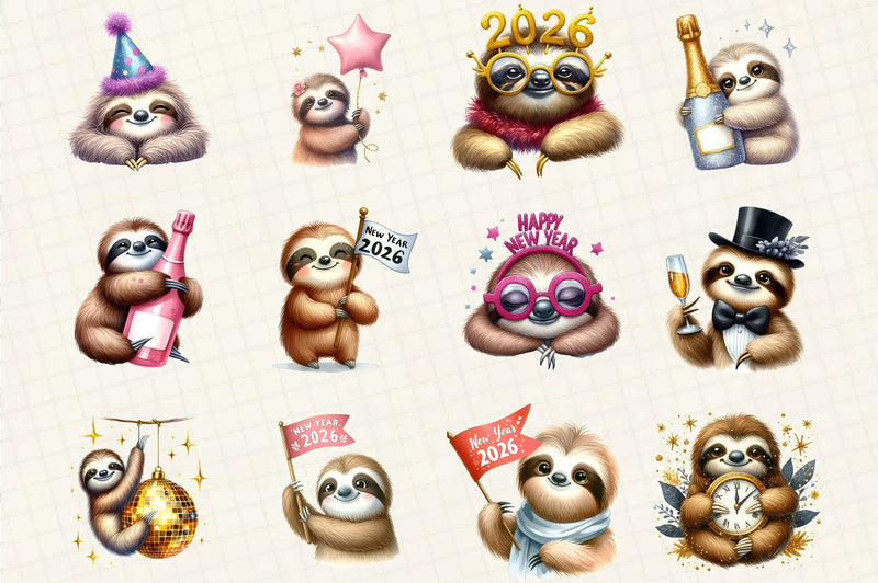 Happy New Year Sloth Clipart Bundle - CraftNest - Digital Crafting and Art