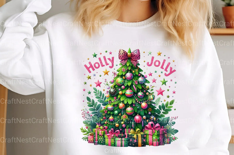 Colorful Glitter Holly Jolly Christmas Tree Pink Clipart Bundle - CraftNest - Digital Crafting and Art