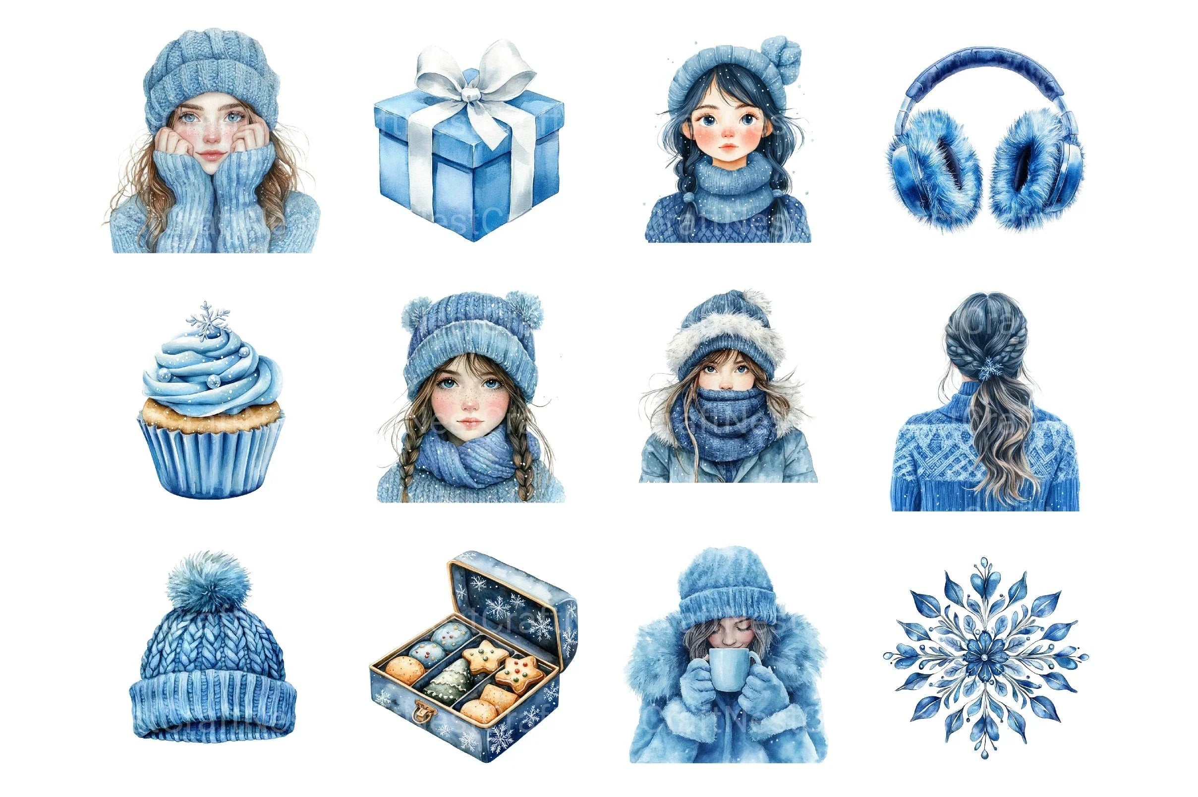 Cozy Winter Blue Snowflake Christmas Cottagecore Digital Stickers Bundle - CraftNest - Digital Crafting and Art