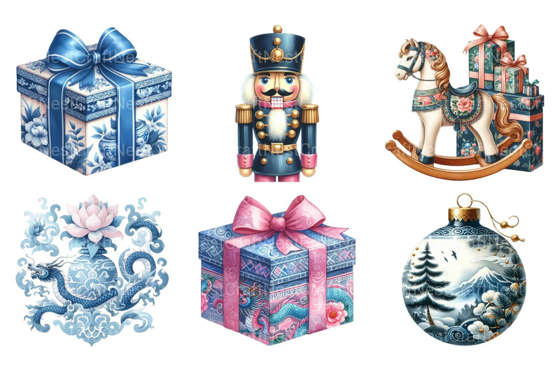 Chinoiserie Christmas Toile Grandmillennial Clipart Bundle - CraftNest - Digital Crafting and Art