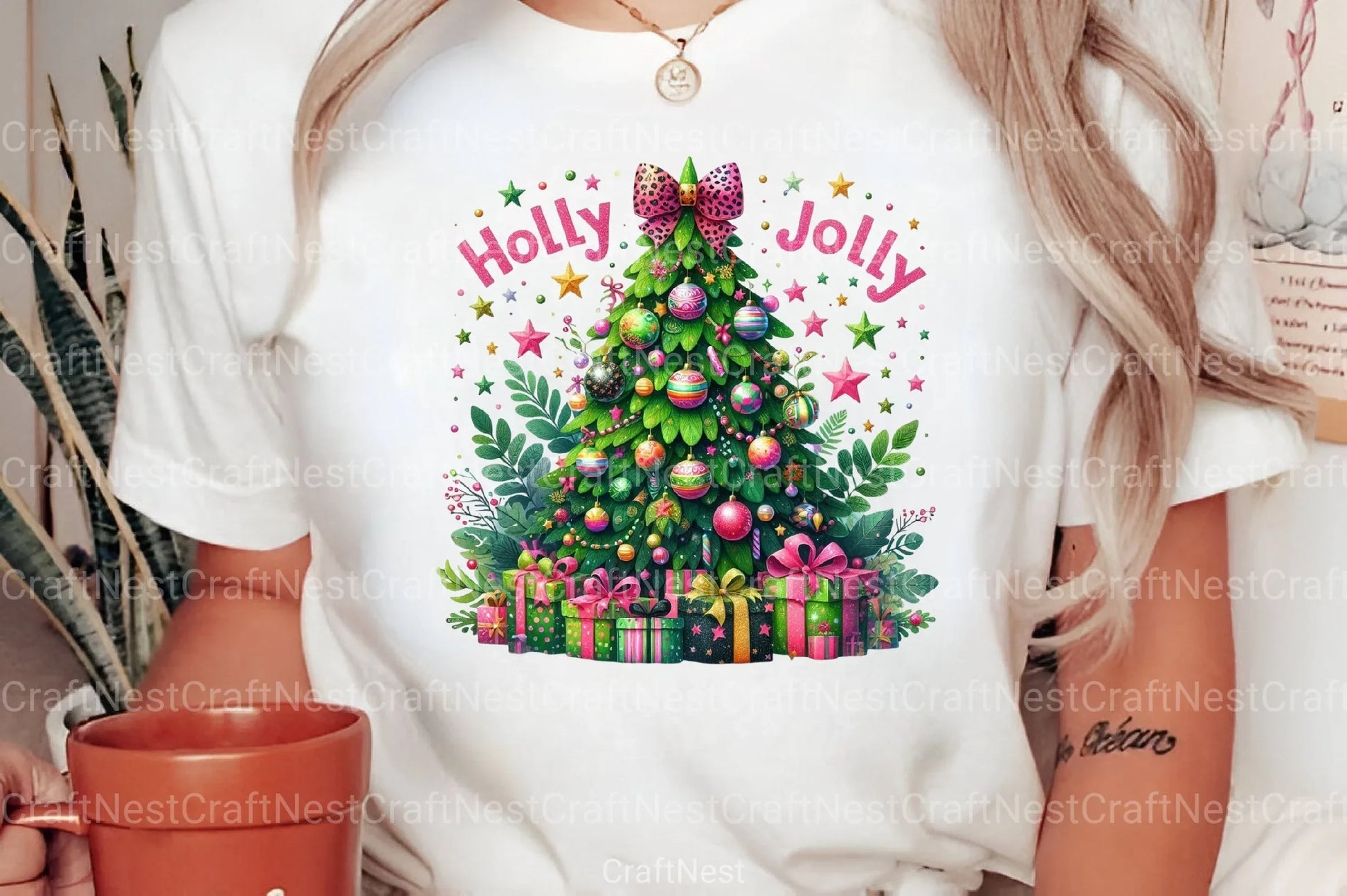 Colorful Glitter Holly Jolly Christmas Tree Pink Clipart Bundle - CraftNest - Digital Crafting and Art