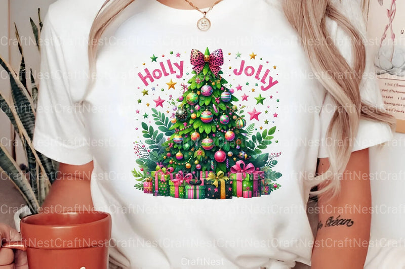 Colorful Glitter Holly Jolly Christmas Tree Pink Clipart Bundle - CraftNest - Digital Crafting and Art