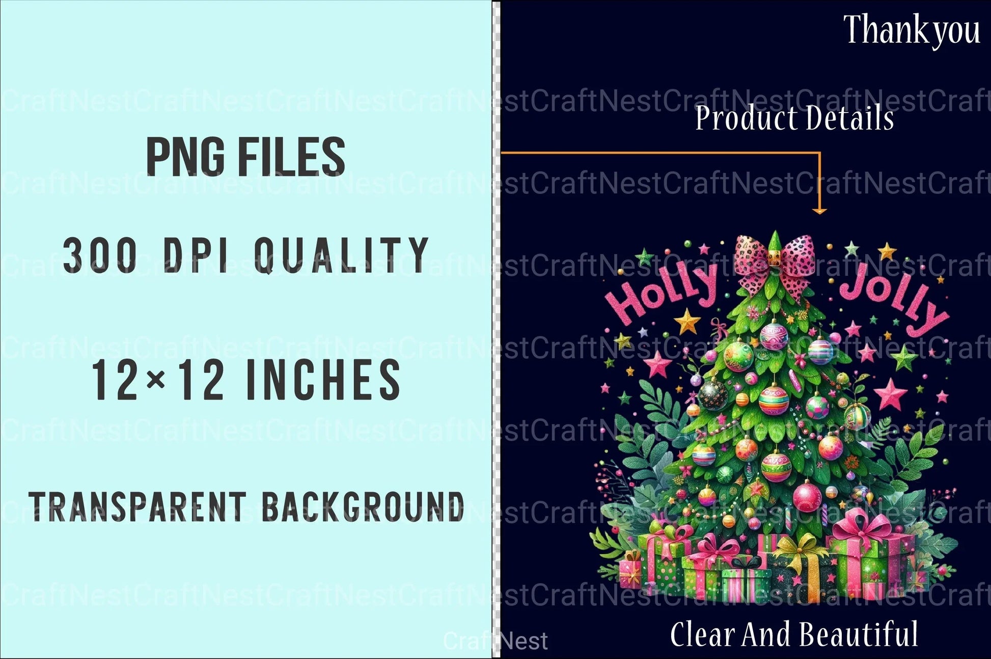 Colorful Glitter Holly Jolly Christmas Tree Pink Clipart Bundle - CraftNest - Digital Crafting and Art