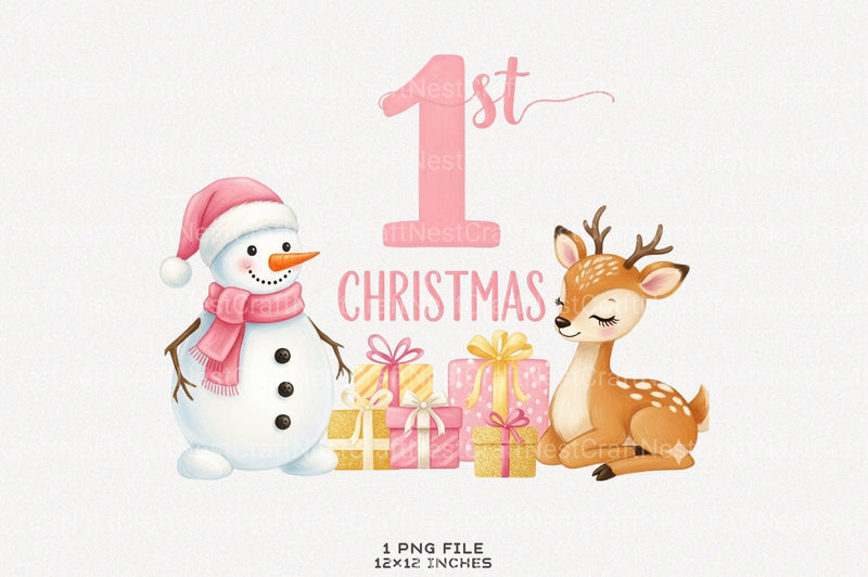 Pink Snowman Baby's First Christmas Clipart Bundle - CraftNest - Digital Crafting and Art