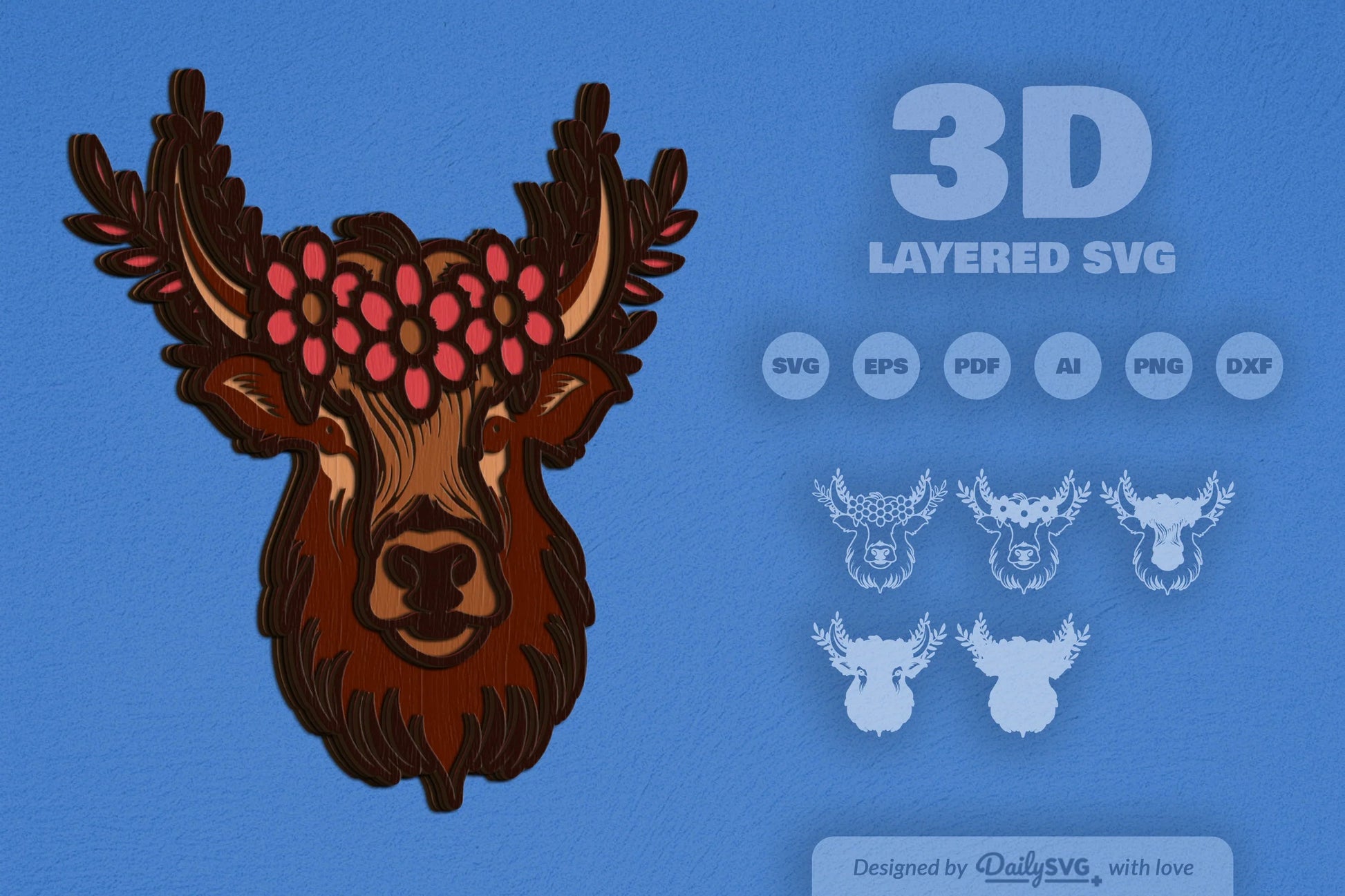 Highland Cow Floral Crown Laser Cut SVG Bundle - CraftNest - Digital Crafting and Art