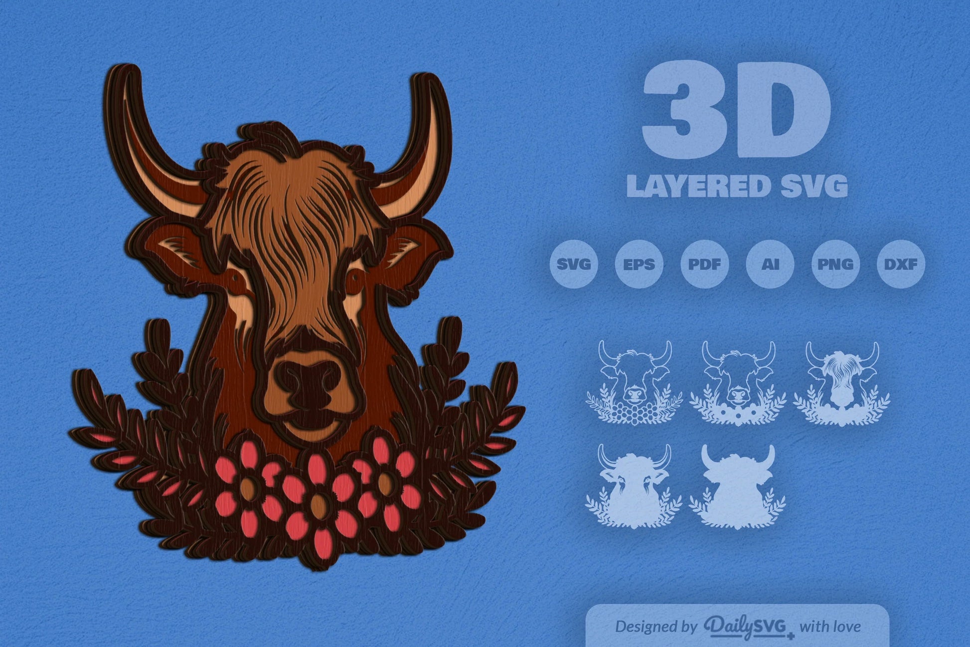 Highland Cow Floral Laser Cut SVG Bundle - CraftNest - Digital Crafting and Art
