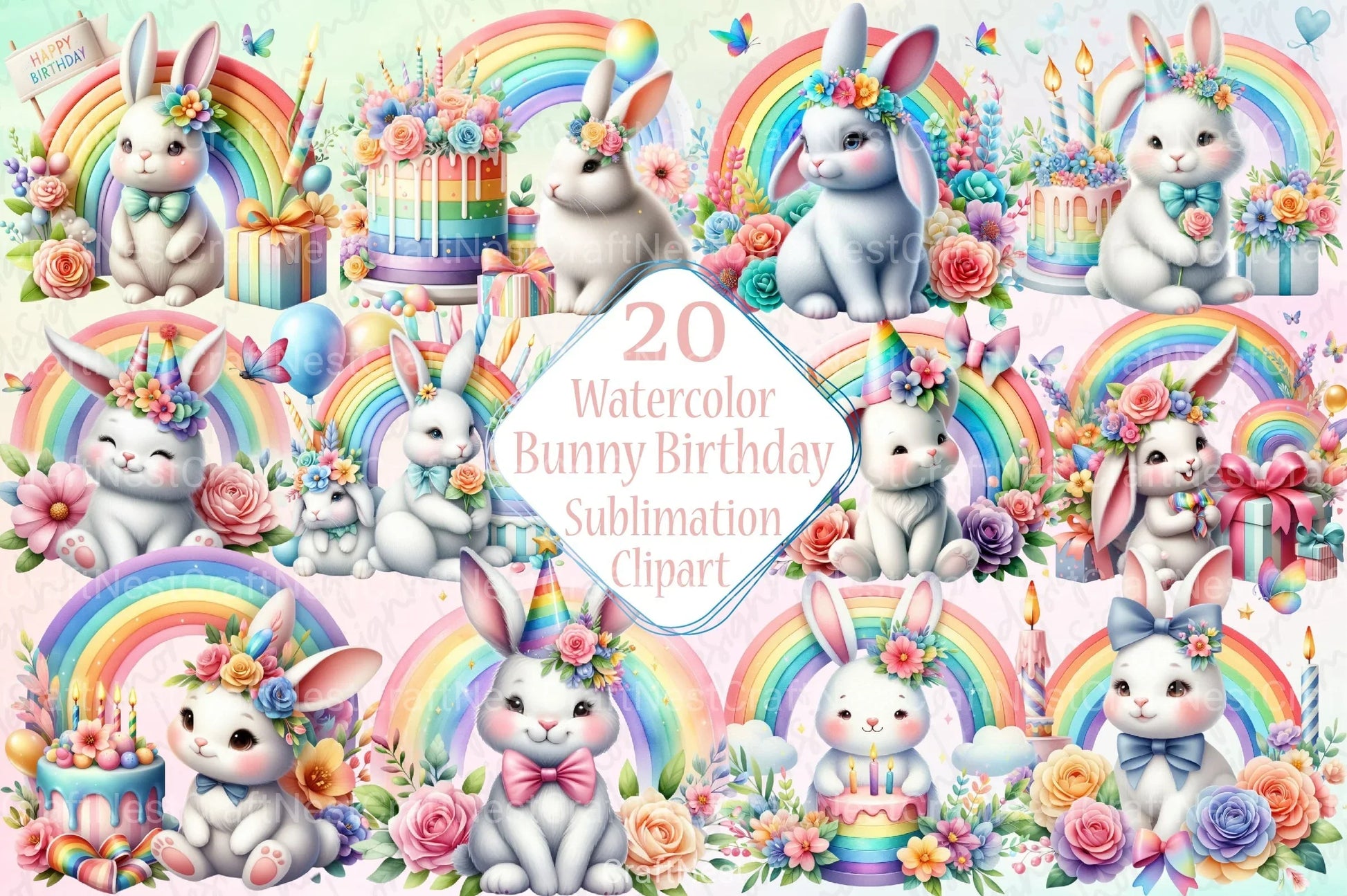 Rainbow Bunny Birthday Clipart Bundle - CraftNest - Digital Crafting and Art