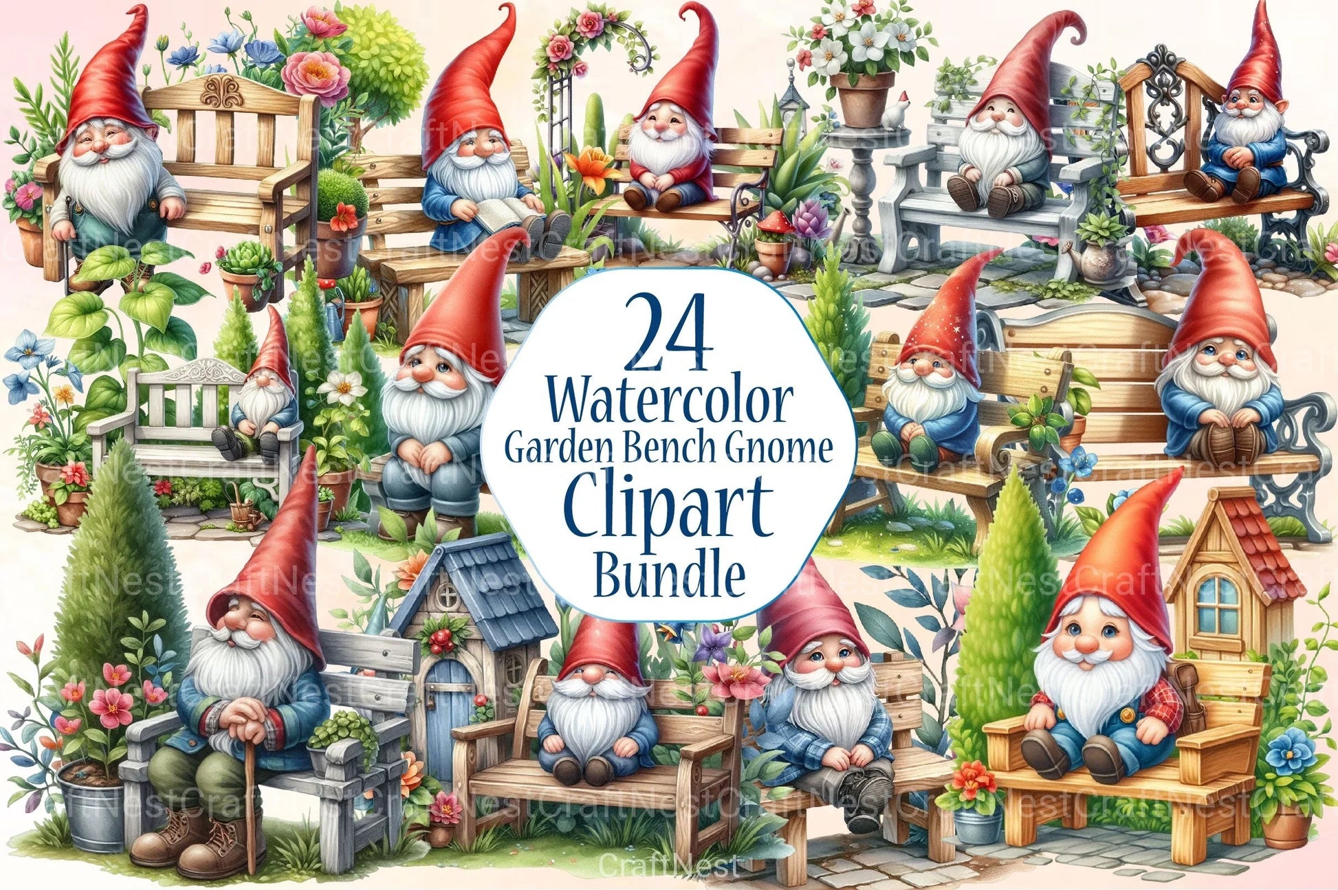 Garden Bench Gnome Clipart Bundle - CraftNest - Digital Crafting and Art