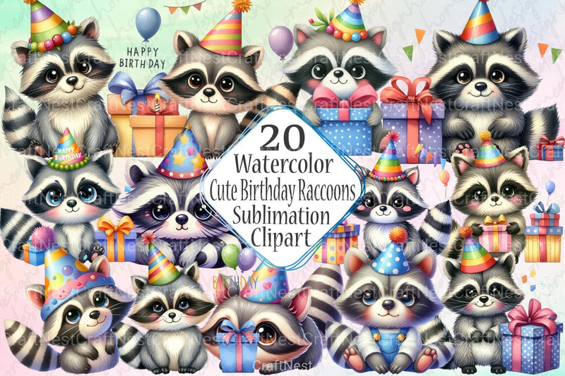 Cute Birthday Raccoons Clipart Bundle - CraftNest - Digital Crafting and Art