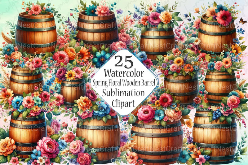 Spring Floral Wooden Barrel Clipart Bundle - CraftNest - Digital Crafting and Art