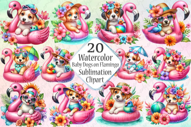 Summer Baby Dogs on Flamingo Floats Clipart Bundle - CraftNest - Digital Crafting and Art