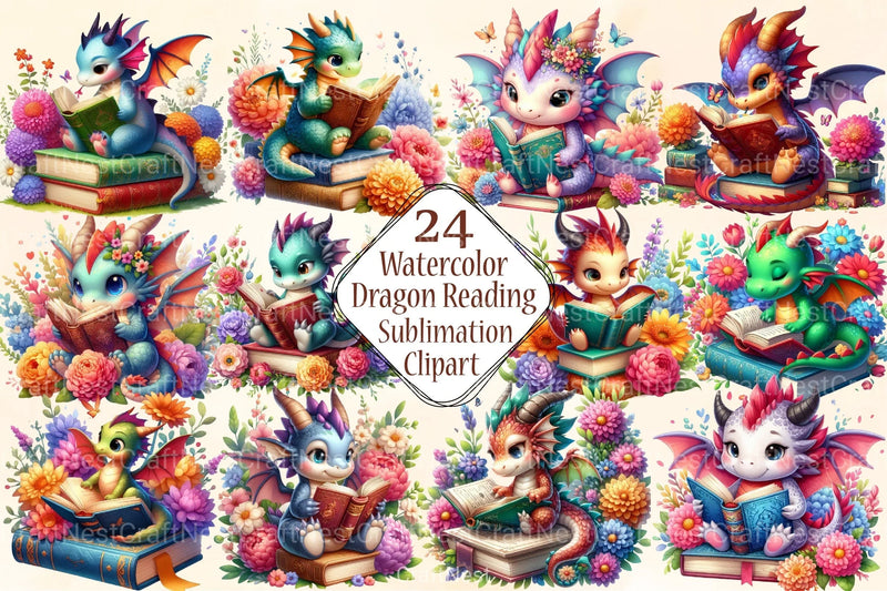 Cute Dragon Reading Clipart Bundle - CraftNest - Digital Crafting and Art