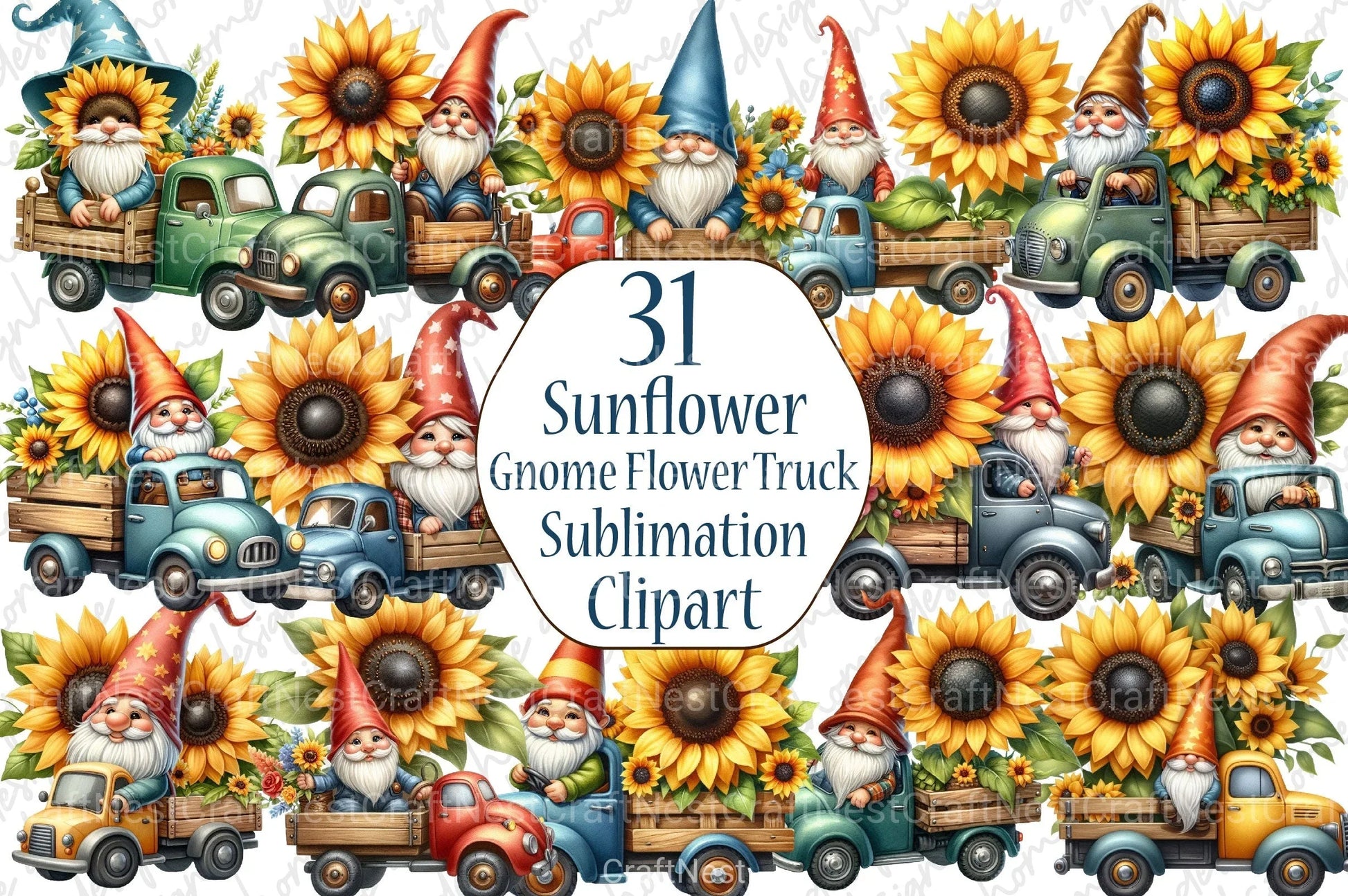 Sunflower Gnome Flower Truck Clipart Bundle - CraftNest - Digital Crafting and Art