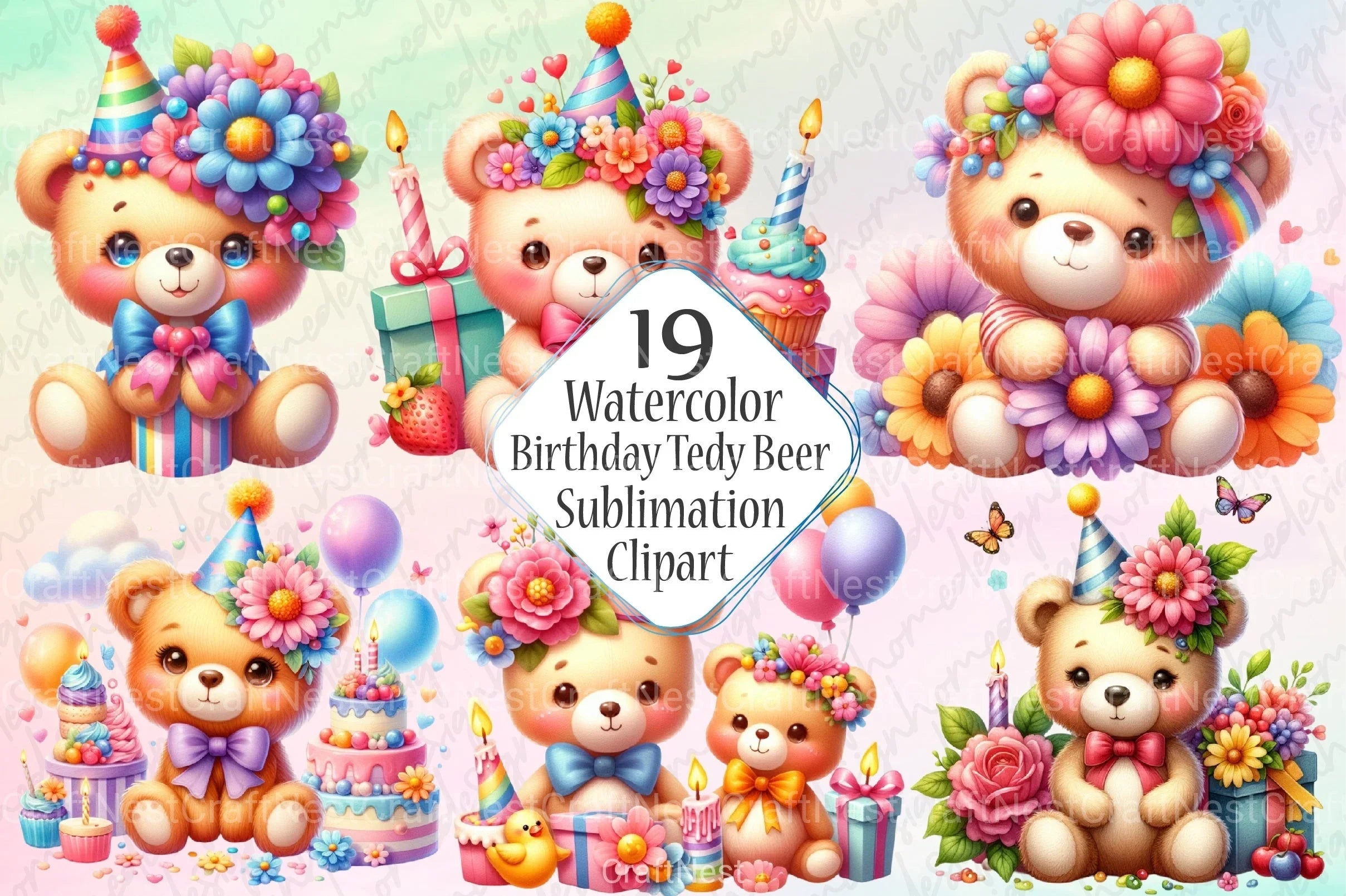 Cute Birthday Teddy Bear Clipart Bundle - CraftNest - Digital Crafting and Art