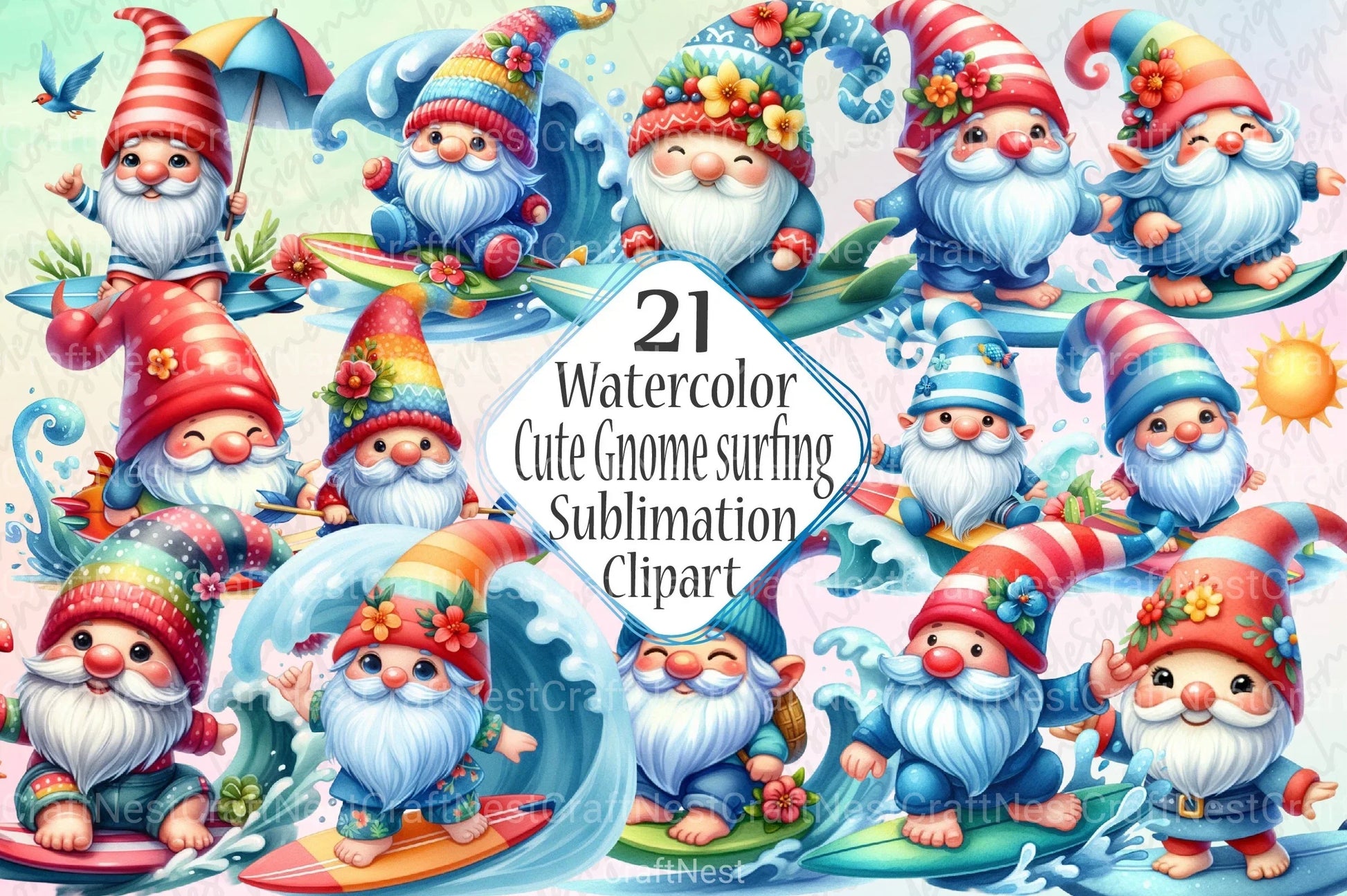 Cute Gnome Surfing Clipart Bundle - CraftNest - Digital Crafting and Art