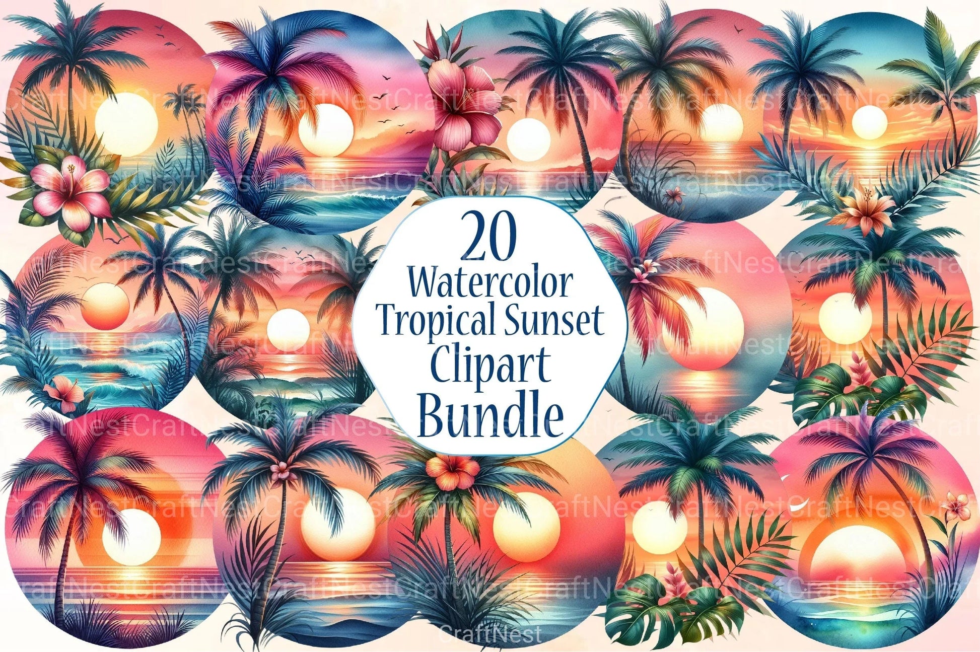Tropical Sunset Palm Flower Clipart Bundle - CraftNest - Digital Crafting and Art