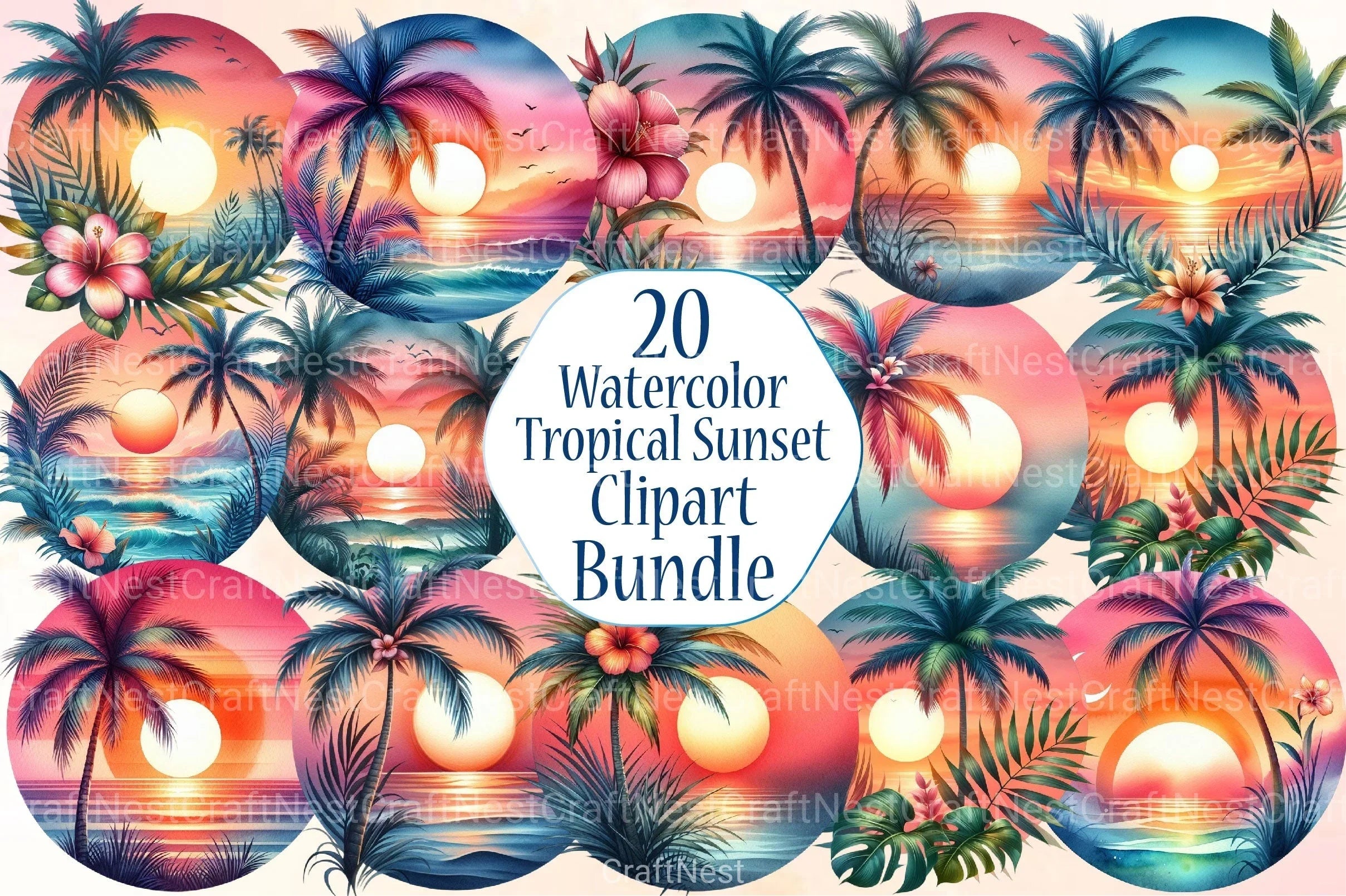 Tropical Sunset Palm Flower Clipart Bundle - CraftNest - Digital Crafting and Art