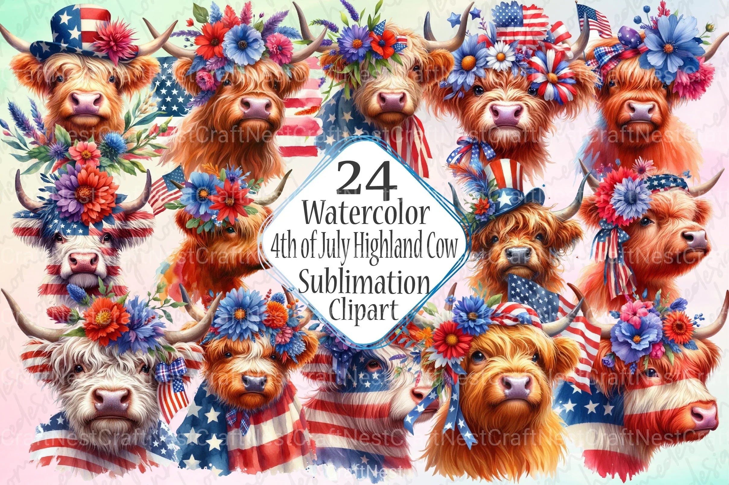 4th of July Highland Cow Clipart Bundle - CraftNest - Digital Crafting and Art
