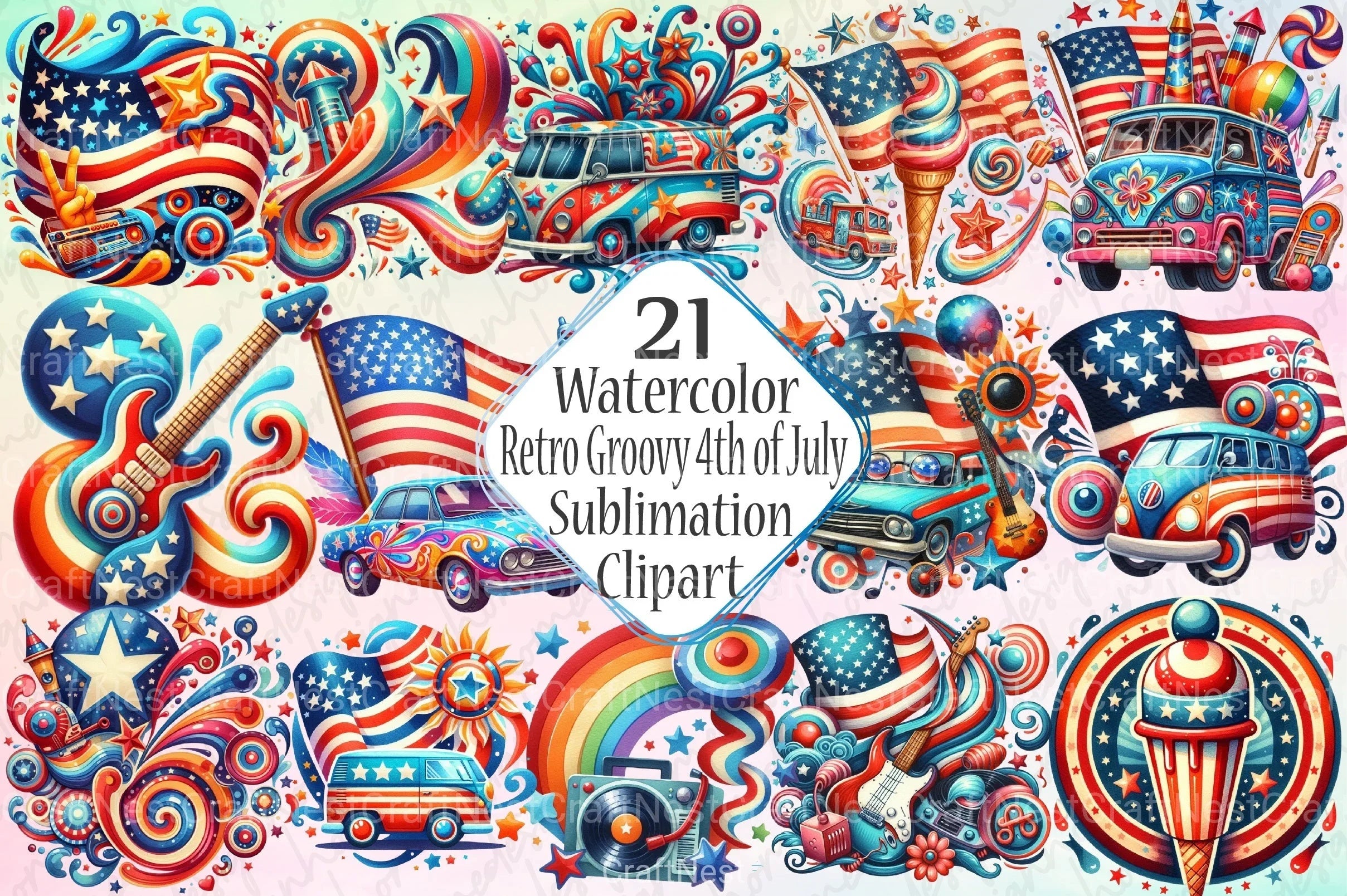 Retro Groovy 4th of July Clipart Bundle - CraftNest - Digital Crafting and Art