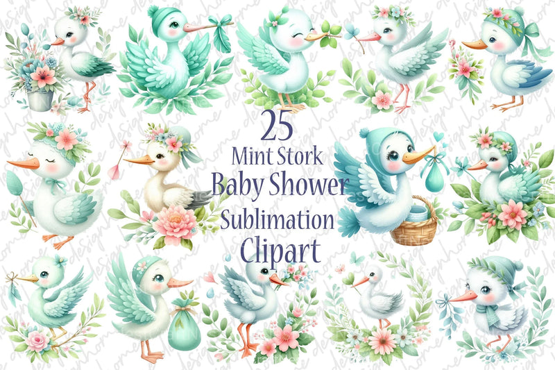 Mint Stork Baby Shower Clipart Bundle 99 - CraftNest - Digital Crafting and Art