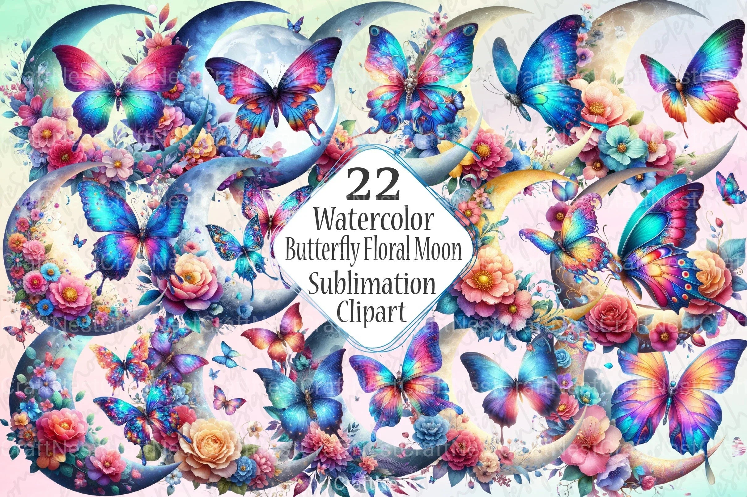Butterfly and Floral Moon Clipart Bundle - CraftNest - Digital Crafting and Art