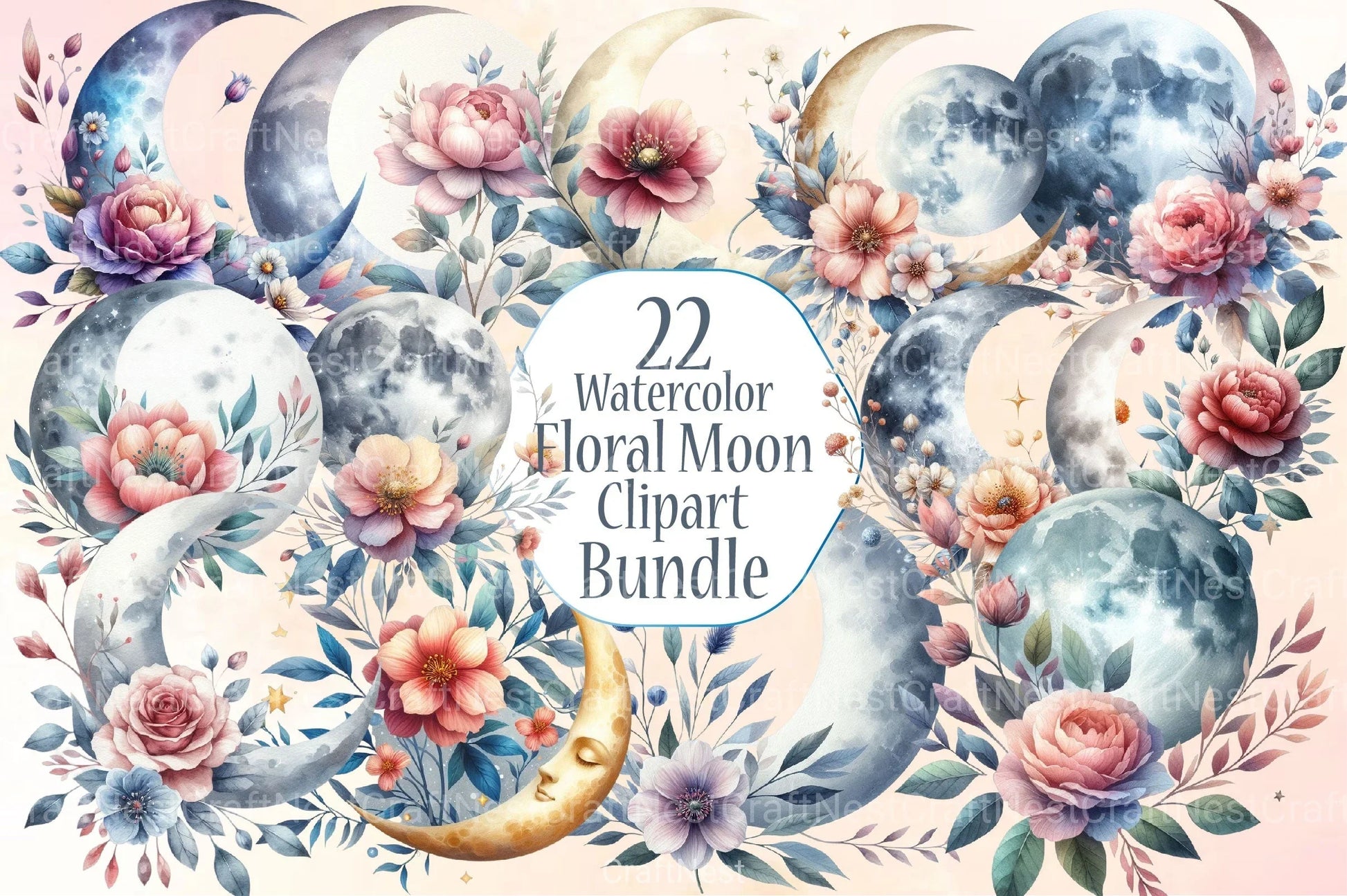 Floral Moon Clipart Bundle 1 - CraftNest - Digital Crafting and Art