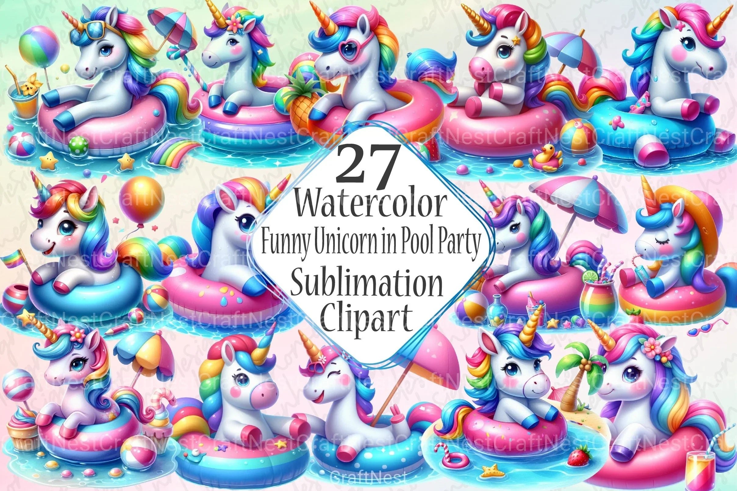 Funny Unicorn Pool Party Clipart Bundle - CraftNest - Digital Crafting and Art