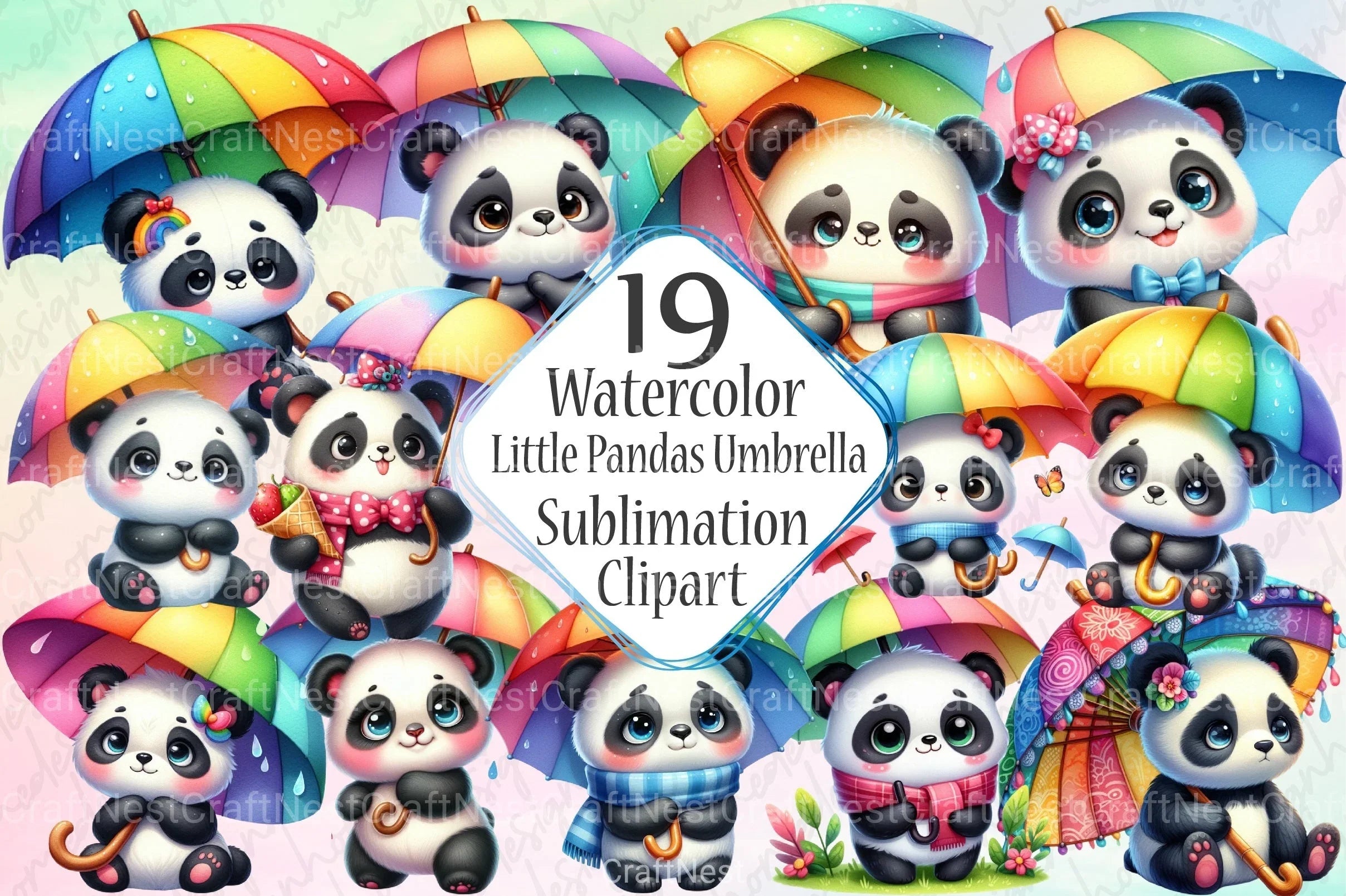 Funny Little Pandas Umbrella Clipart Bundle 1 - CraftNest - Digital Crafting and Art
